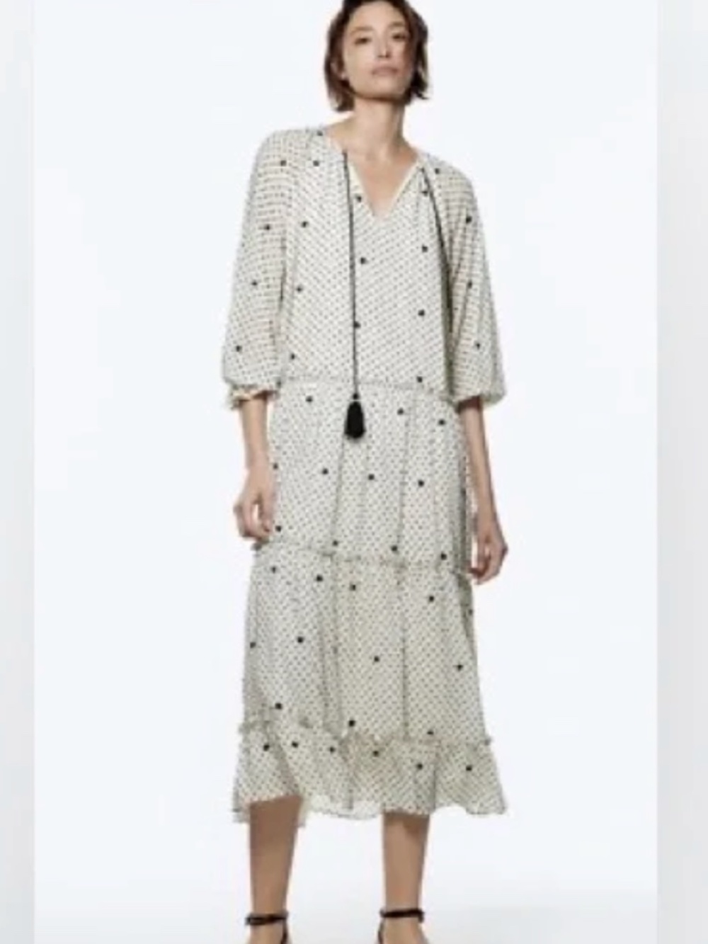 ZARA dotted mesh oversized embroidered dress swiss dot tassel oversized Size L